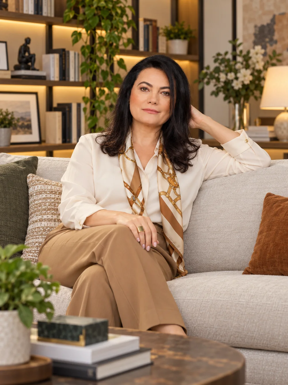Zenir Alves Pascutti sentada em um sofá claro, com estante de livros ao fundo